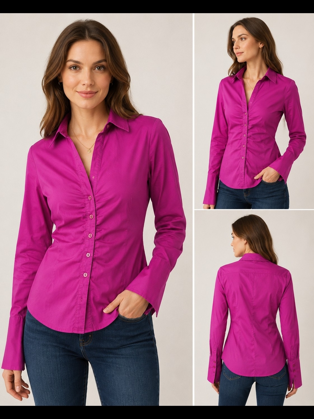 New York & Company Fitted Magenta Button-Down Shirt